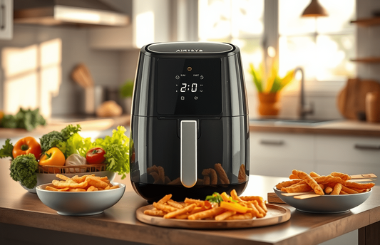 A black air fryer sits on a kitchen counter with fried foods that represent the 80/20 rule healthy eating.