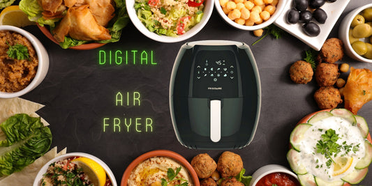 Digital air fryer surrounded by various dishes on a dark surface.