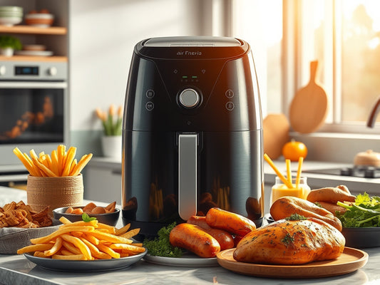 A large air fryer on a kitchen counter with plates of food including fries and chicken.
