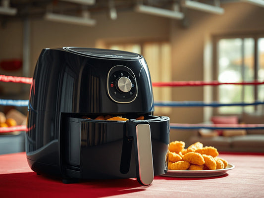 An air fryer in a boxing ring with chicken nuggets on a plate.
