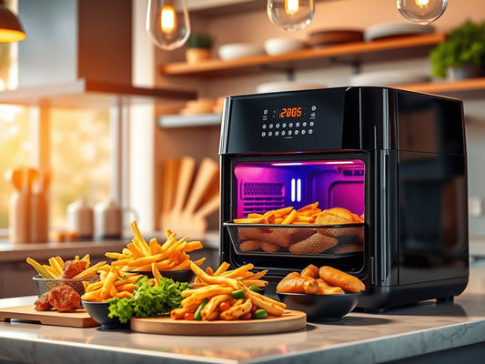 A air fryer oven on a kitchen counter with cooked food items around it.