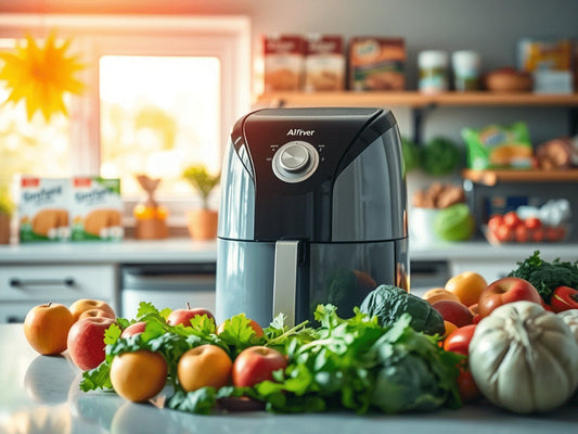 Air fryer oven on a kitchen counter with fruits and vegetables.