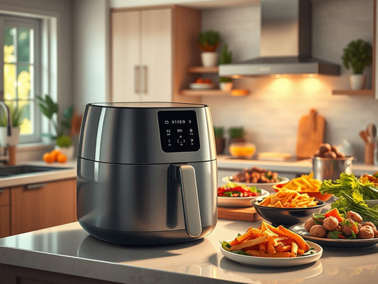 Modern air fryer on a kitchen counter with plates of food.