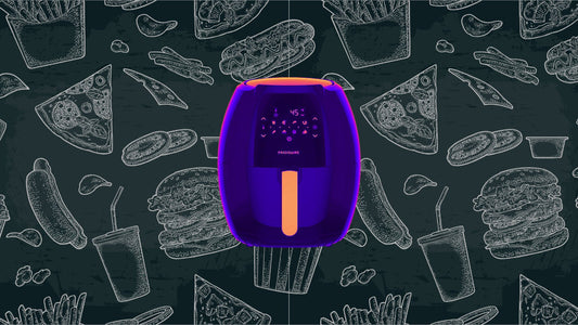 Purple and orange digital air fryer on a black background with food illustrations.