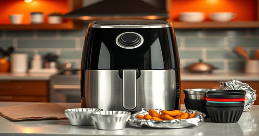 Foil in an air fryer with chicken nuggets, baking foil, and silicone accessories on a kitchen counter.