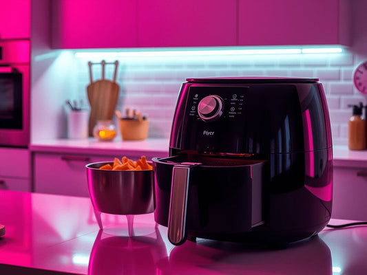 A multi functional air fryer in a neon glow on a kitchen counter.