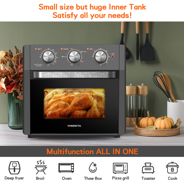 1300W air fryer oven with a display of bread, surrounded by kitchen utensils and decor.