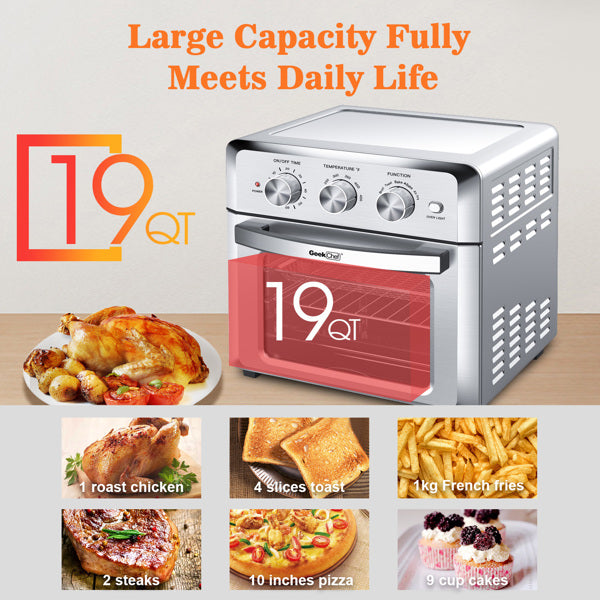 19QT air fryer with images of food items it can cook.