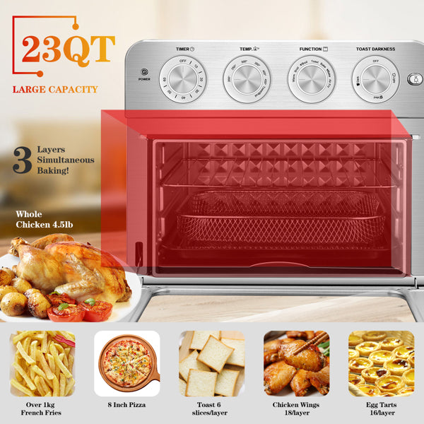24QT air fryer with red interior showing food items and text about its capacity and features.