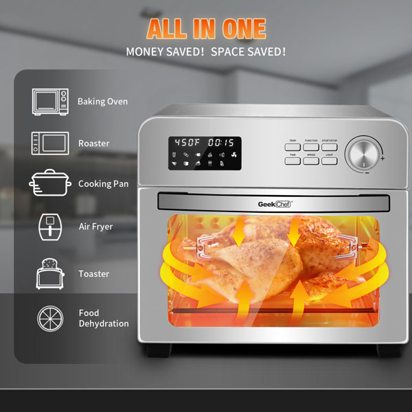 GeekChef air fryer toaster oven with digital display and cooking options on a gray background.