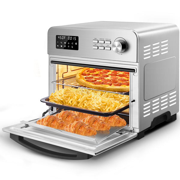 GeekChef 24QT stainless steel air fryer toaster oven with LCD display, rotisserie, dehydrator, and accessories.