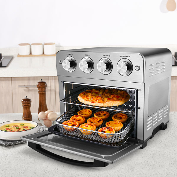 Stainless Steel Air Fryer Toaster Oven with 7 Cooking Modes, 24QT Capacity, and 1700W Power.