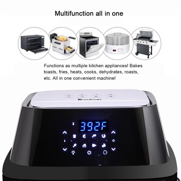 Air fryer oven combo with digital display and text highlighting its features.