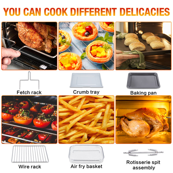 10-in-1 air fryer oven and its collection of cooking utensils and food items with text indicating their uses.
