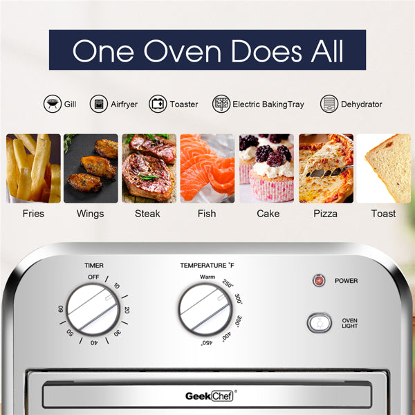 Multifunctional oven air fryer with various food items displayed above it, featuring the brand 'GeekChef'.