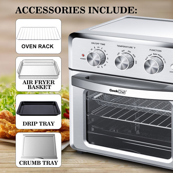 Air fryer with hot air circulation with accessories listed on a wooden surface.