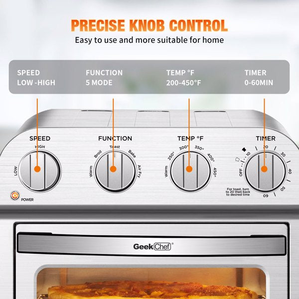 Air fryer with toast and bake functions with control knobs labeled for speed, function, temperature, and timer on a white background.