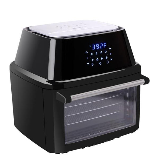 Black ZOKOP 16L air fryer oven with digital controls, rotisserie accessories, and double-layer glass window.