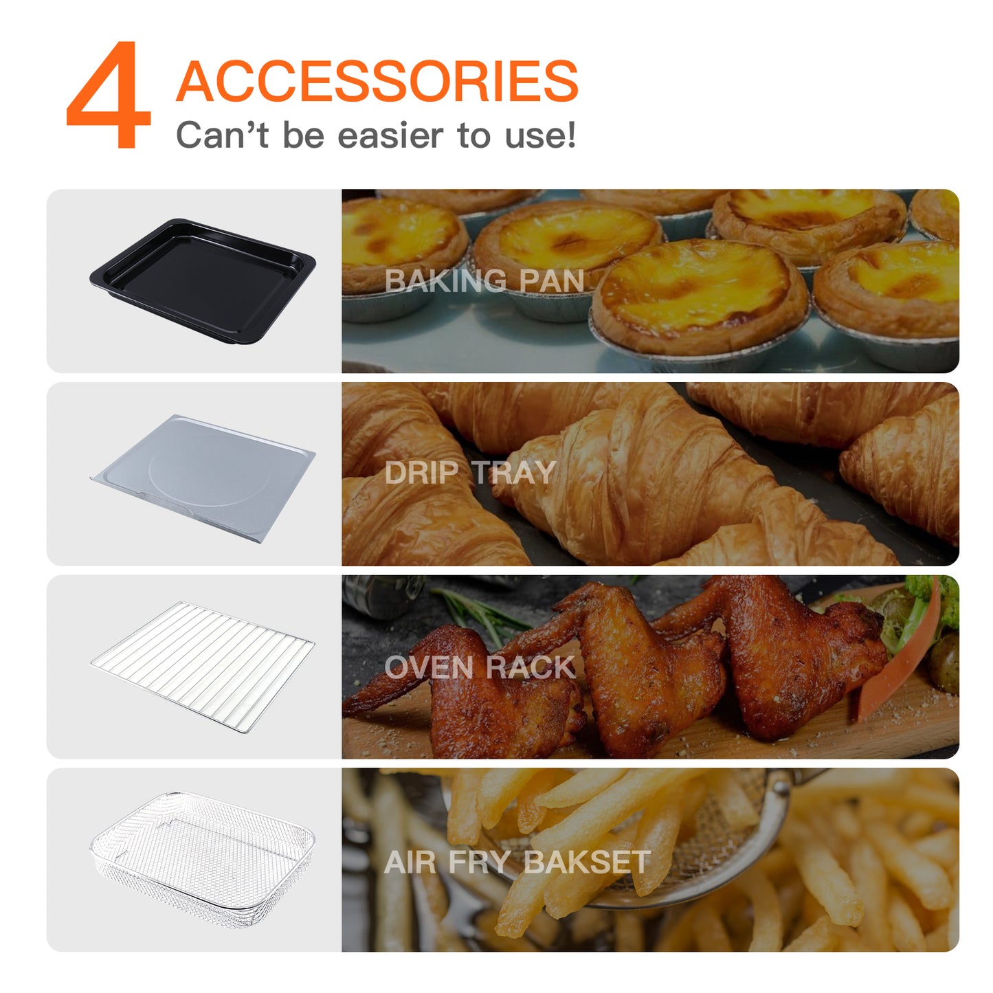 Set of kitchen accessories including a baking pan, drip tray, oven rack, and air fry basket with food items for a convection broil toaster oven.