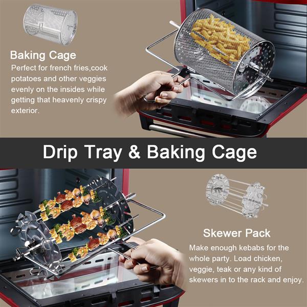 Countertop air fryer with accessories of a drip tray, baking cage, and skewer pack for cooking vegetables and kebabs.