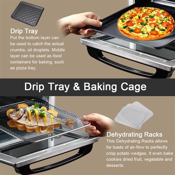 Dehydrator air fryer, drip tray and baking cage with pizza and food items on a beige background.