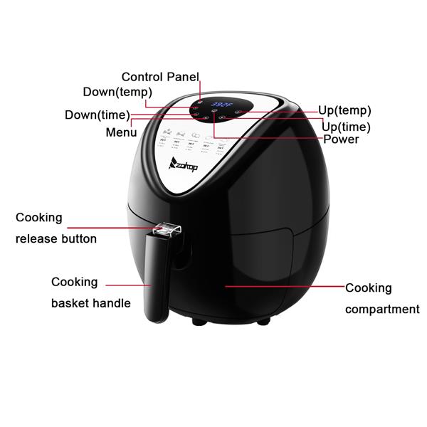 Black air fryer with labeled parts on a white background
