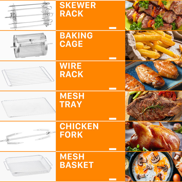 Collection of grill accessories with images and labels on an orange background for an easy to clean air fryer oven.