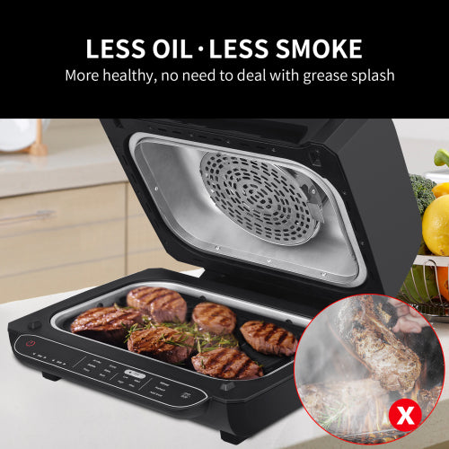 Healthy air fryer grill with food being cooked, showing less oil and smoke, and a close-up of greasy food.