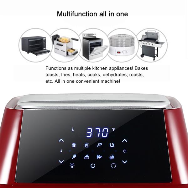 Large capacity digital air fryer with digital display and text highlighting its features.