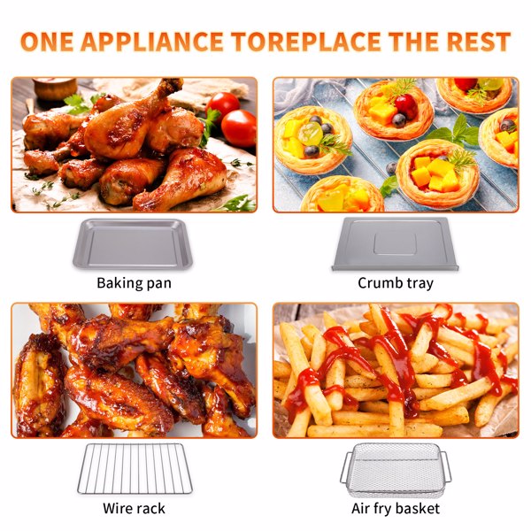 Collection of Multi-function air fryer oven, kitchen accessories, including a baking pan, crumb tray, wire rack, and air fry basket with food items.