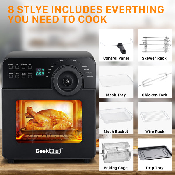 GeekChef, powerful air fryer oven, with a chicken inside, surrounded by component images on a wooden surface.