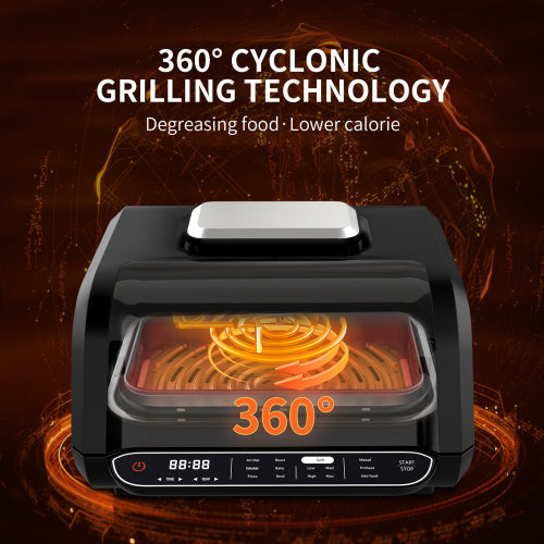 Smart electric grill with '360° Cyclonic Grilling Technology' on a dark background.