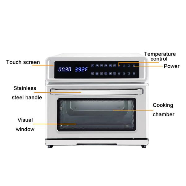 Stainless steel air fryer oven with labeled parts on a white background
