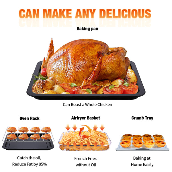 Stainless steel air fryer oven roasted chicken on a baking pan with text highlighting its uses.