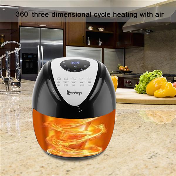 Zokop digital air fryer on a kitchen counter with text '360° three-dimensional cycle heating with air'.