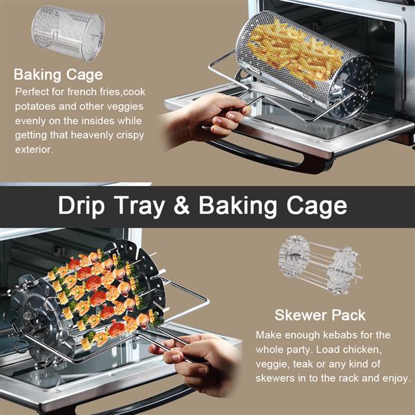Zokop air fryer, drip tray and baking cage with skewer pack for cooking french fries, potatoes, and skewers.