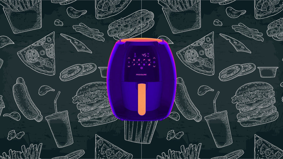 Purple and orange digital air fryer on a black background with food illustrations.