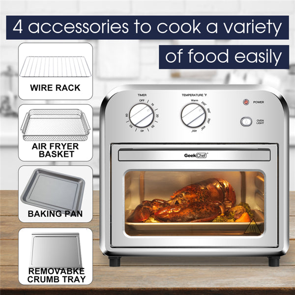 ETL standard air fryer with cooking accessories on a wooden surface.