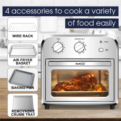 ETL standard air fryer with cooking accessories on a wooden surface.