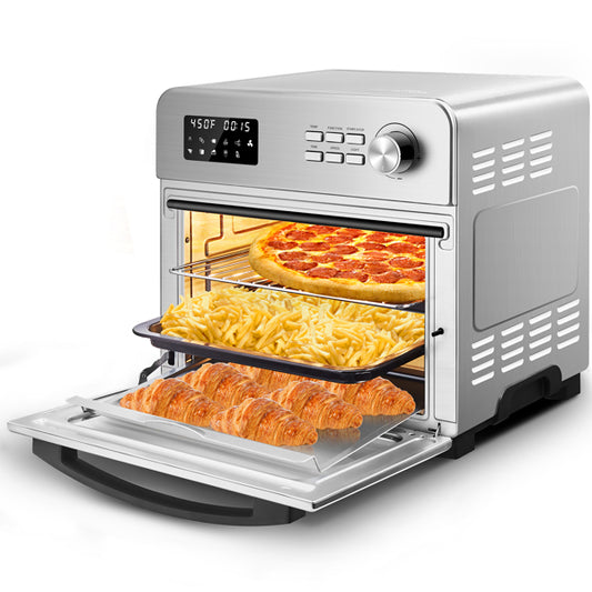GeekChef 24QT stainless steel air fryer toaster oven with LCD display, rotisserie, dehydrator, and accessories.

