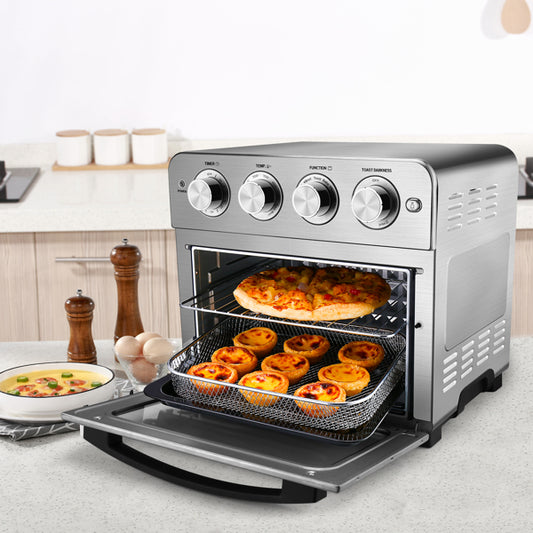 Stainless Steel Air Fryer Toaster Oven with 7 Cooking Modes, 24QT Capacity, and 1700W Power.

