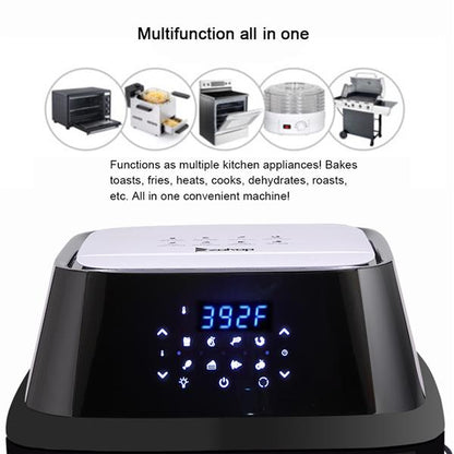 Air fryer oven combo with digital display and text highlighting its features.