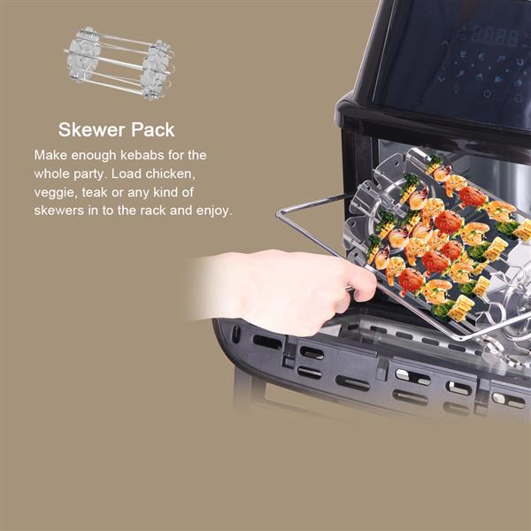 All-in-one air fryer with rotisserie and skewer pack for kebabs. 