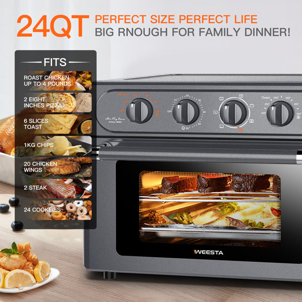 All-in-one toaster oven with cooking options displayed on a wooden surface.