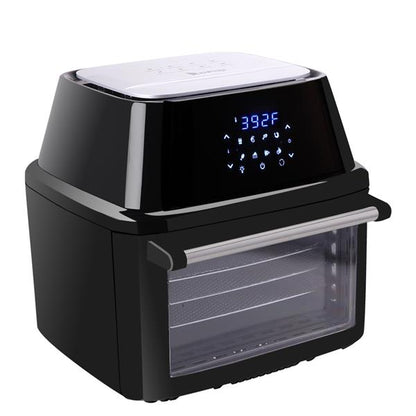 Black ZOKOP 16L air fryer oven with digital controls, rotisserie accessories, and double-layer glass window.

