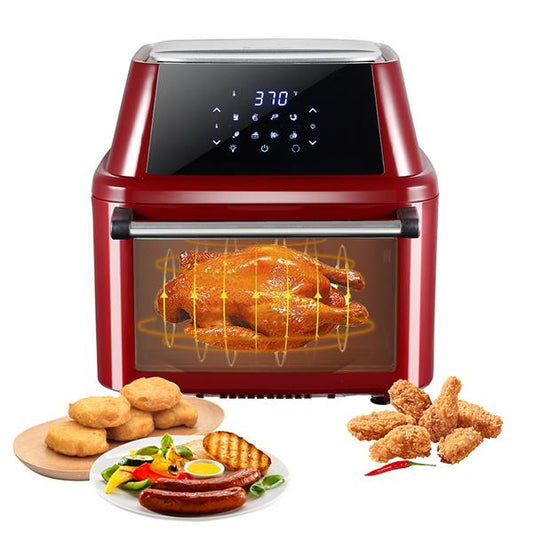 Claret red ZOKOP 16L air fryer oven with digital panel, rotisserie set, and cooking accessories.

