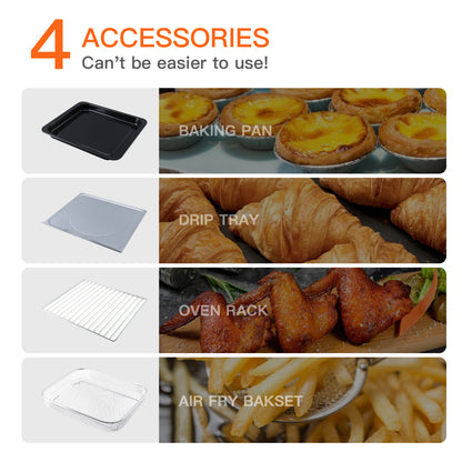 Set of kitchen accessories including a baking pan, drip tray, oven rack, and air fry basket with food items for a convection broil toaster oven.