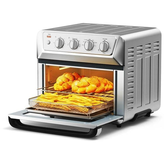 7-in-1 stainless steel countertop air fryer oven with convection, toaster, and dehydrator functions.

