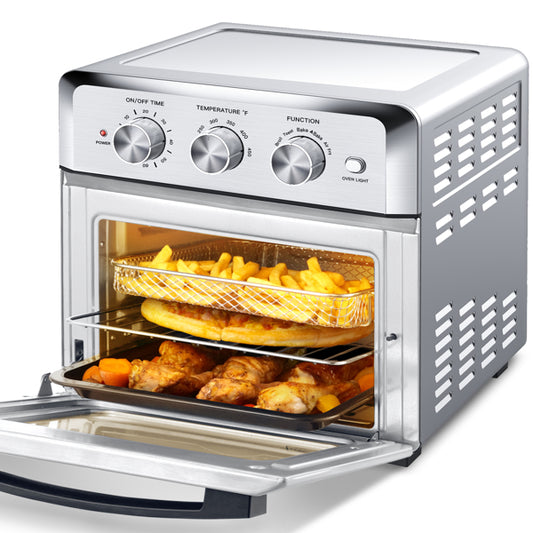 Stainless Steel 1500W Air Fryer Toaster Oven with 6 Smart Modes and 19QT Capacity.

