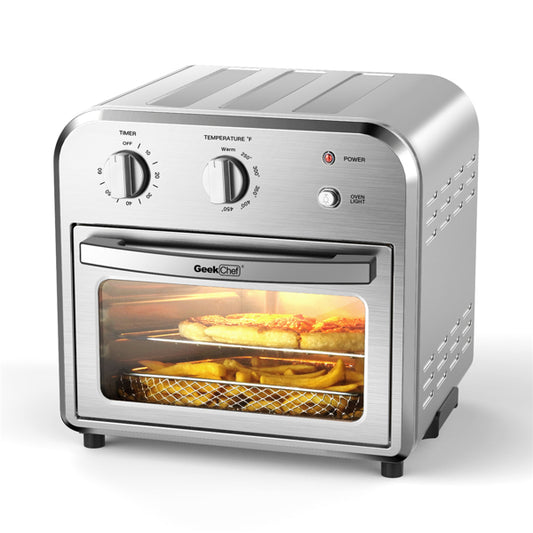Silver Air Fryer Oven 4 Slice Toaster Airfryer with Mechanical Controls and 450°F Temperature.

